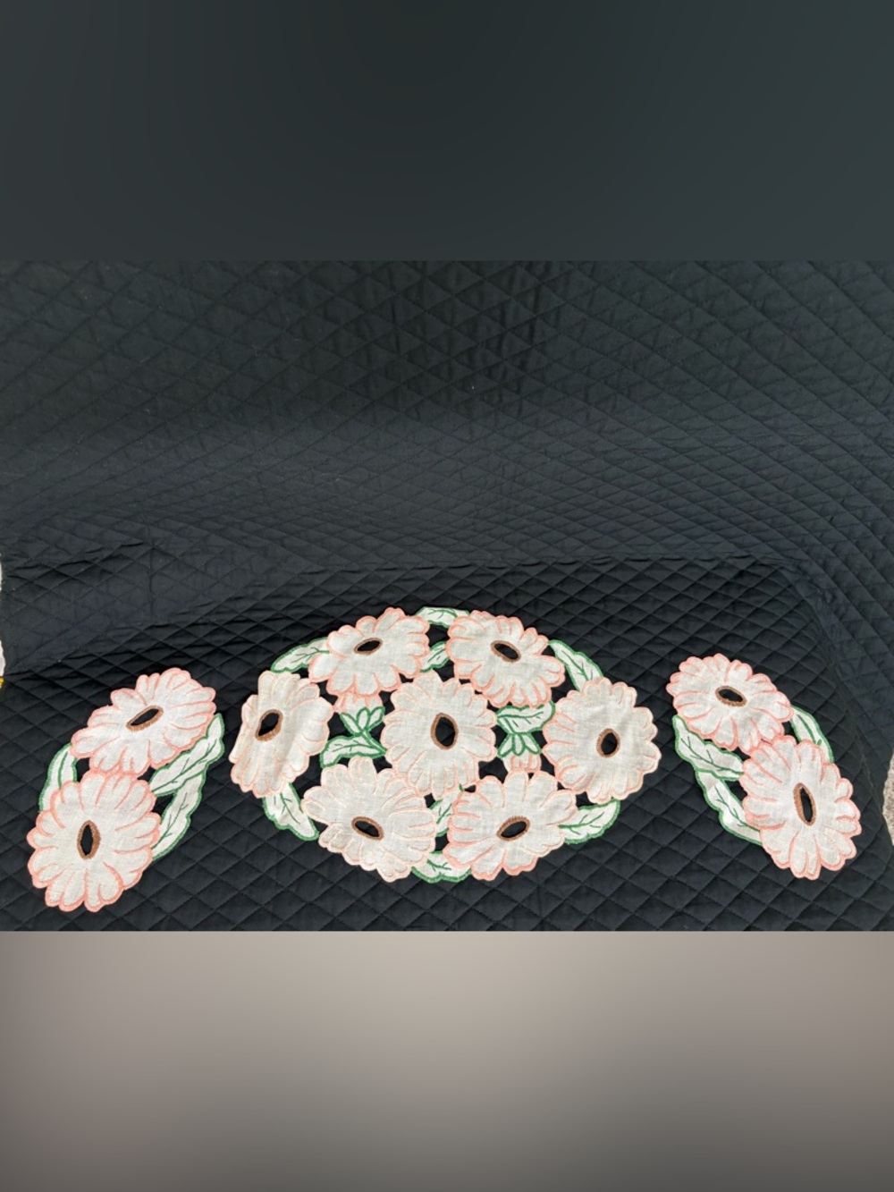 3 Vintage Handmade Embroidered Doilies Table Runner White flowers with pink trim